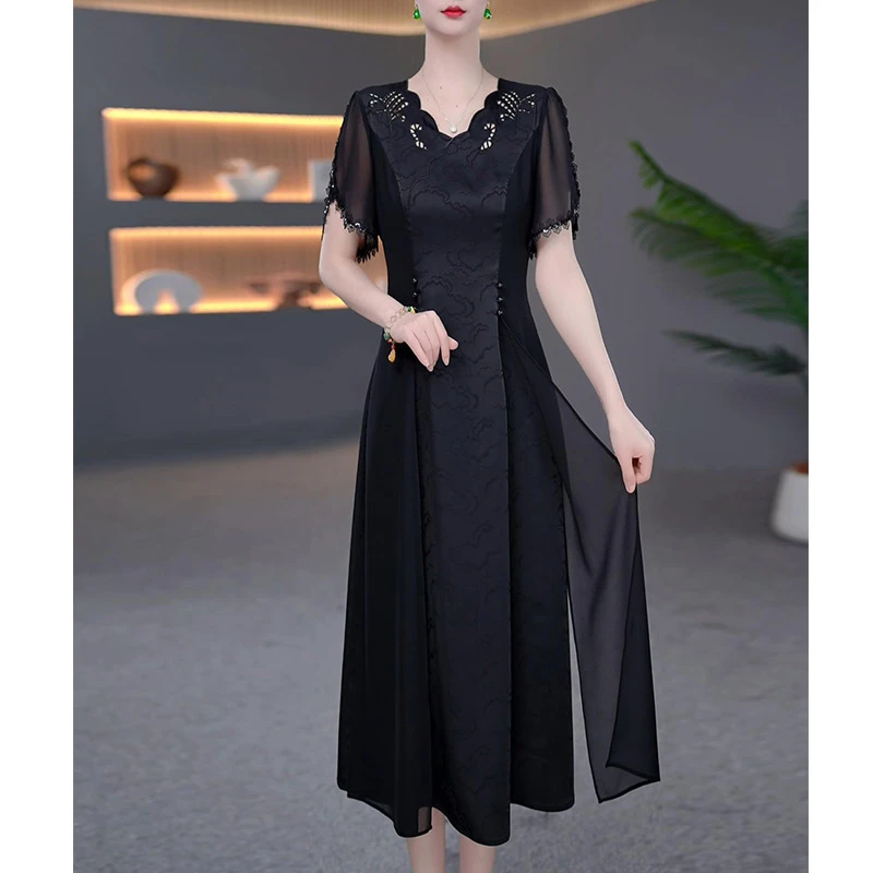 DBF-25A709 新款时尚新中式浪漫法式气质优雅中长款连衣裙M-5XL