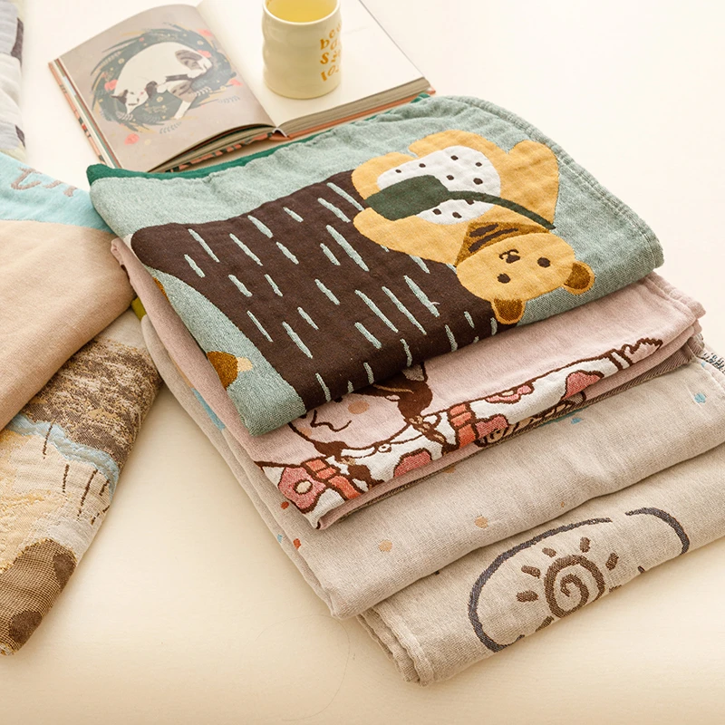 100%全棉四层纱布盖毯浴巾沙发巾休闲旅行毯子卡通印花可爱风