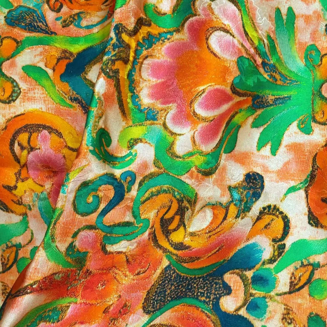 【橙色花纹】花萝国风夏季新款薄款气质百搭服装面料【zl0098】