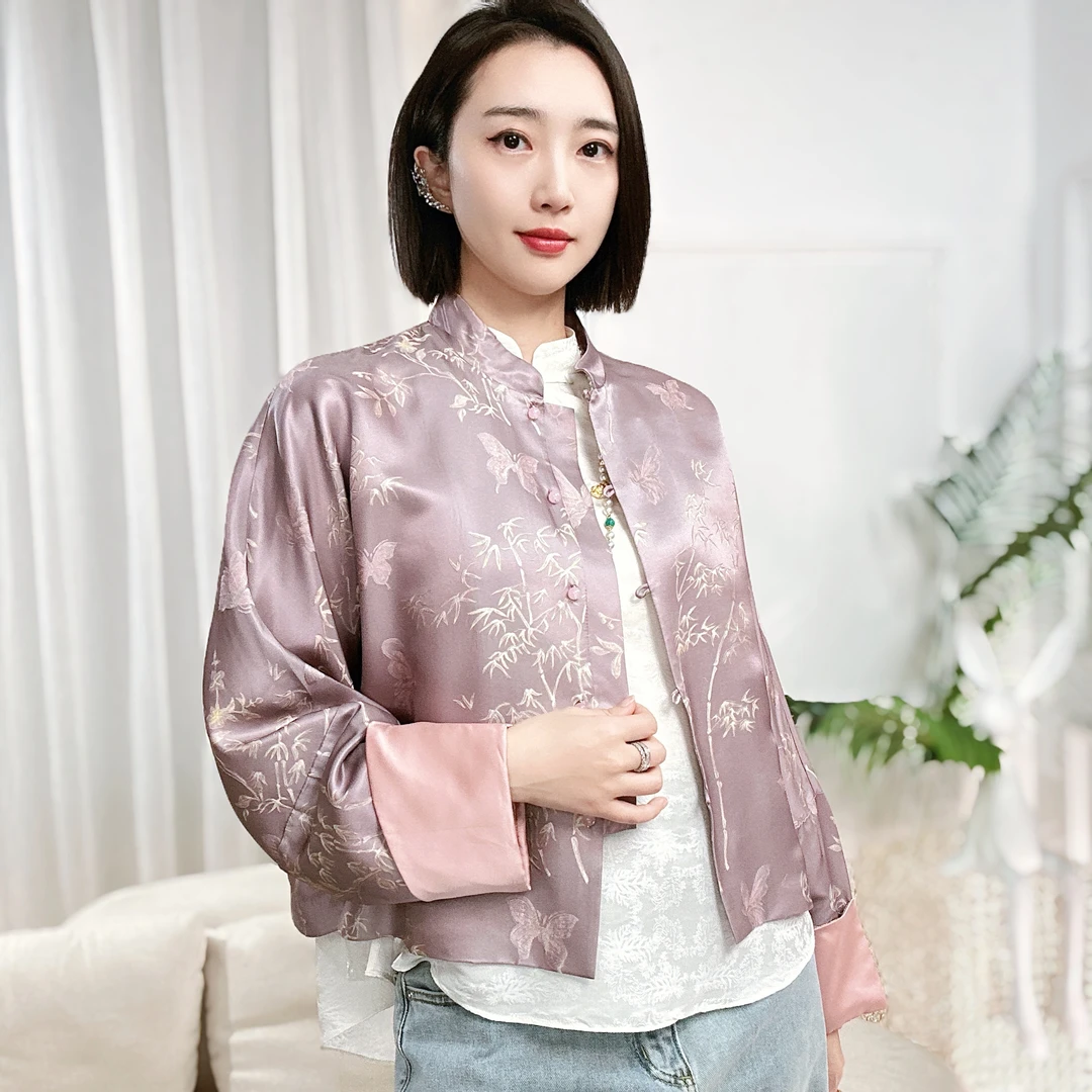 新中式休闲桑蚕丝长袖时尚宽松中国风花罗春季立领女装HF-870003