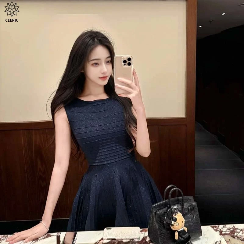 小众贵欲系圆领无袖连衣裙女2025新款私心挚爱收腰显瘦百褶A字裙