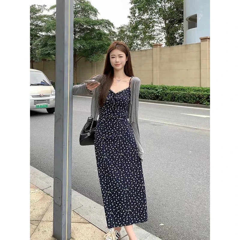 温柔风显瘦女装夏季新款气质遮肚子碎花连衣裙吊带裙子防晒衫套装