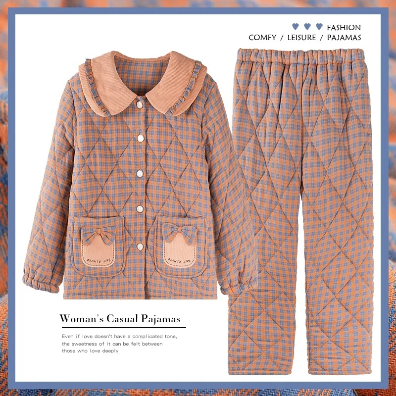 三层加厚保暖加绒夹棉袄长袖睡衣女翻领开衫家居服套装可外穿冬季