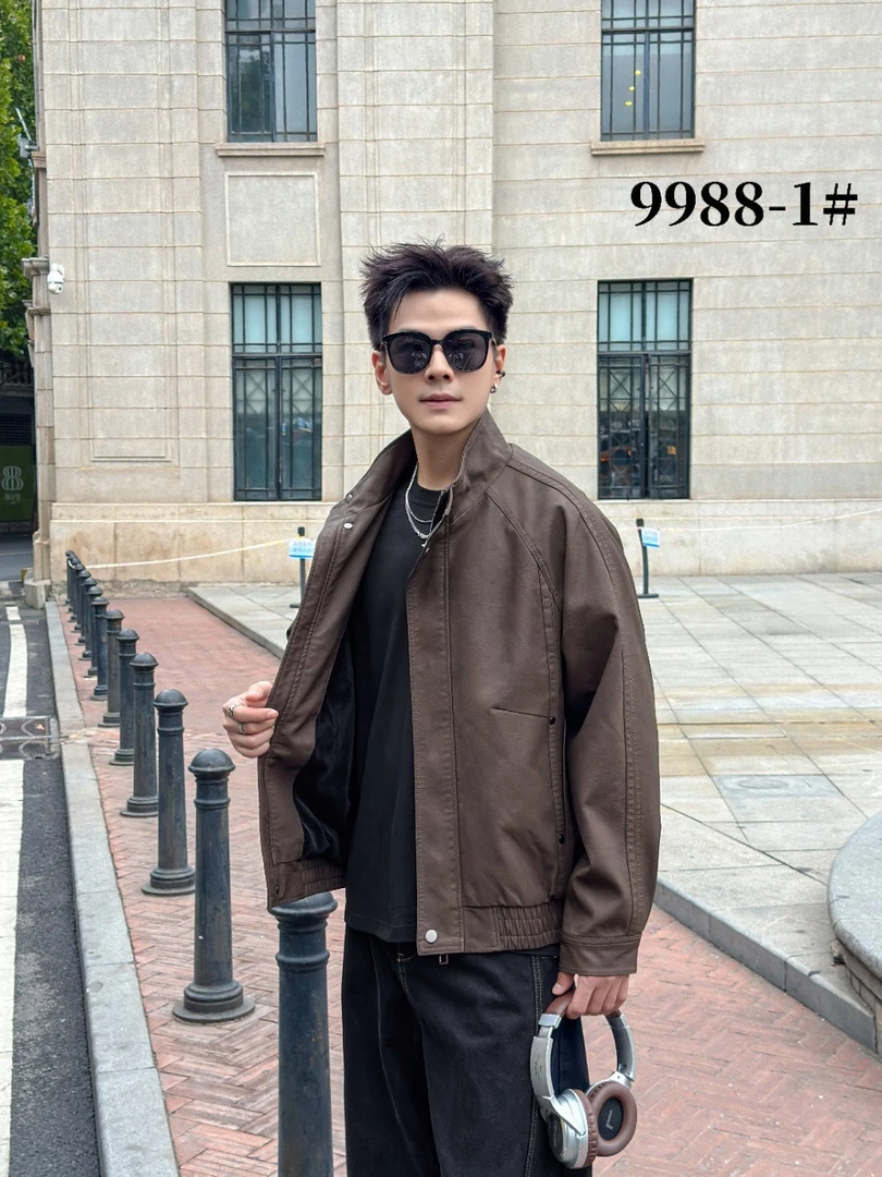 2025新款男士标准直下摆修身型韩版时尚翻领休闲潮流皮衣夹克外套