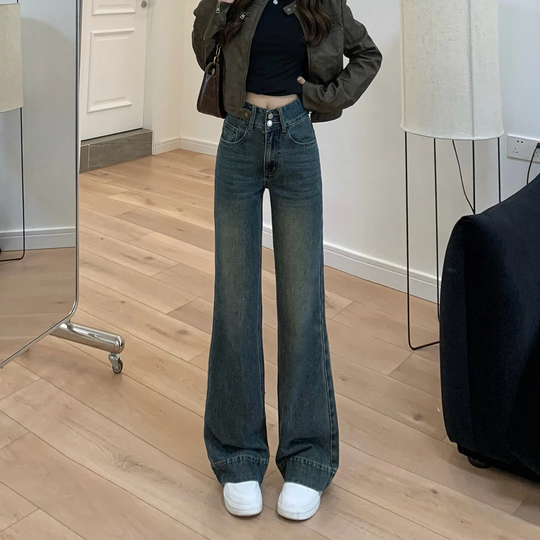 【送腰带】早秋新款复古蓝微喇牛仔裤女水洗高腰显瘦百搭喇叭裤长裤