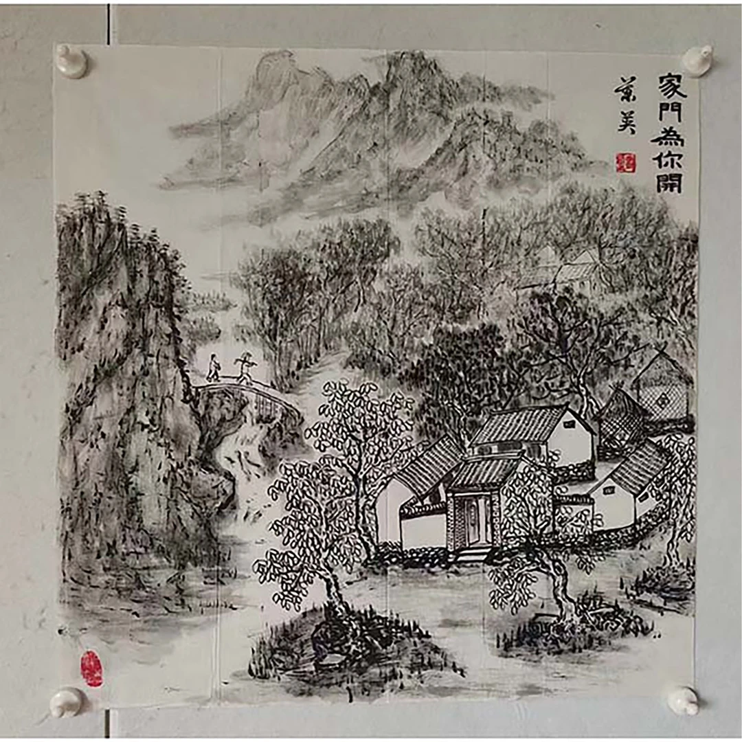 4148 纯手绘老字画《家门为你开》斗方  尺寸 68×68