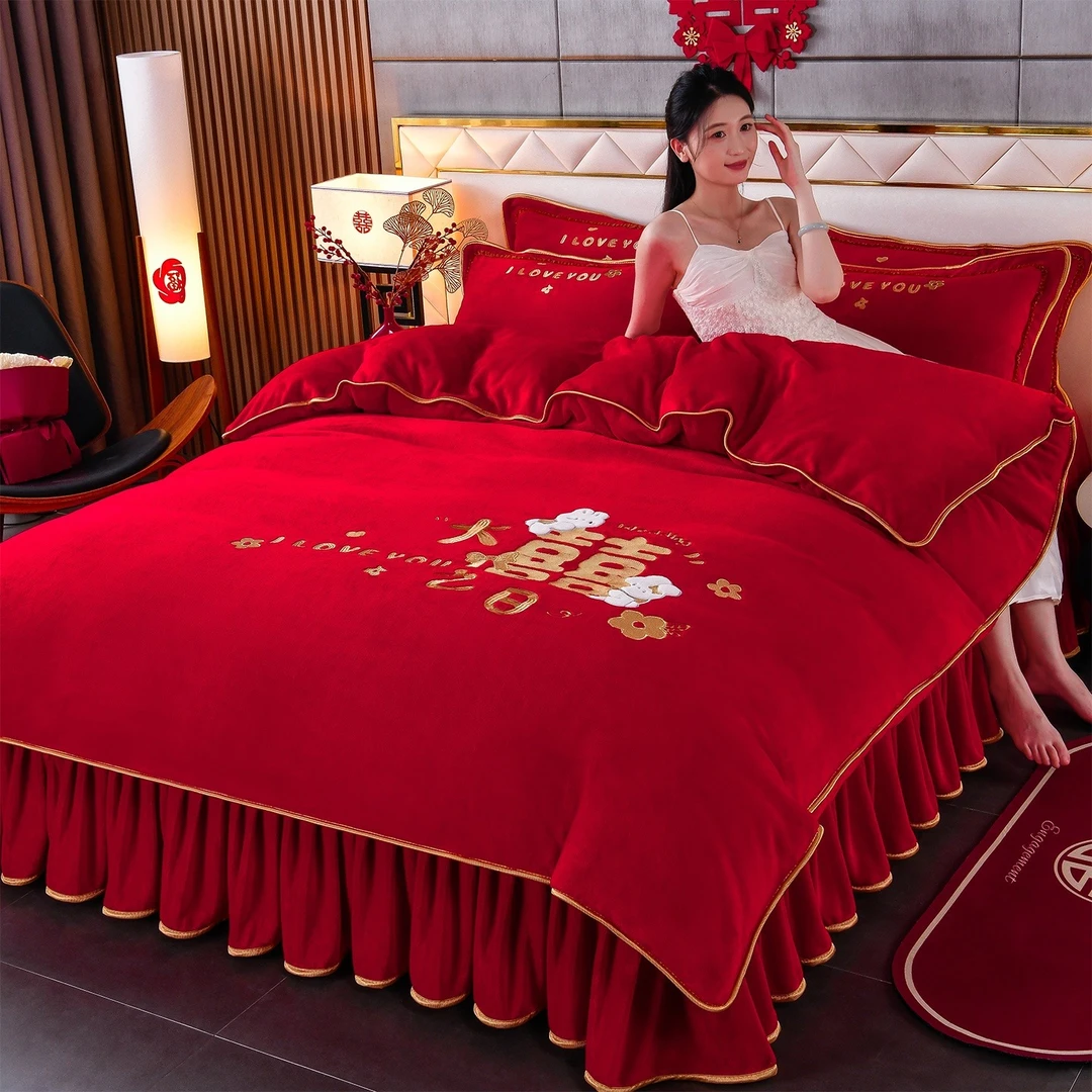冬季大红牛奶绒四件套新款加厚加绒双面绒珊瑚绒保暖牛奶绒四件套