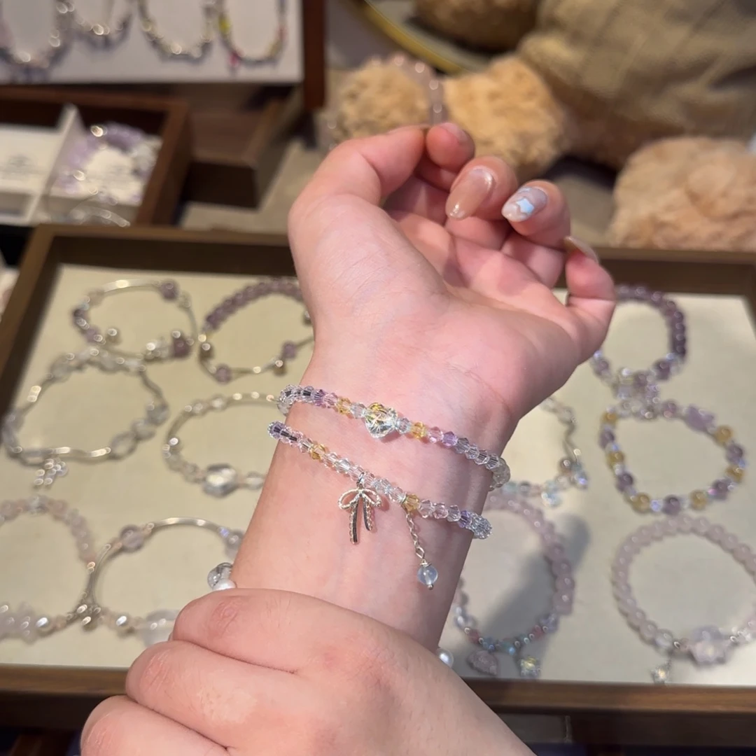 烟晶手链银S925镶嵌彩色双圈施华洛