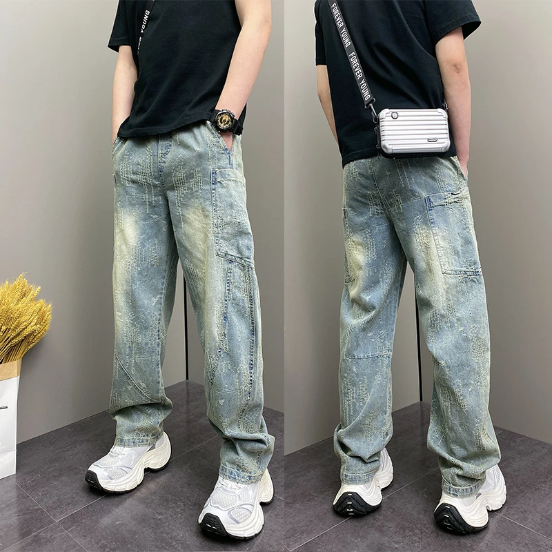 2025年春秋季个性设计感高级宽松哈伦蓝色水洗青年男士休闲牛仔裤