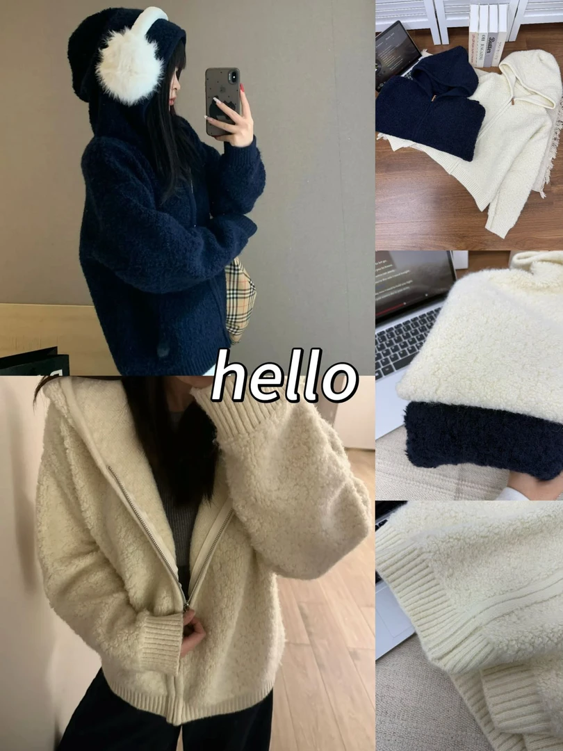 连帽拉链毛衣女秋冬季新款韩系慵懒风宽松开衫羊羔毛绒外套