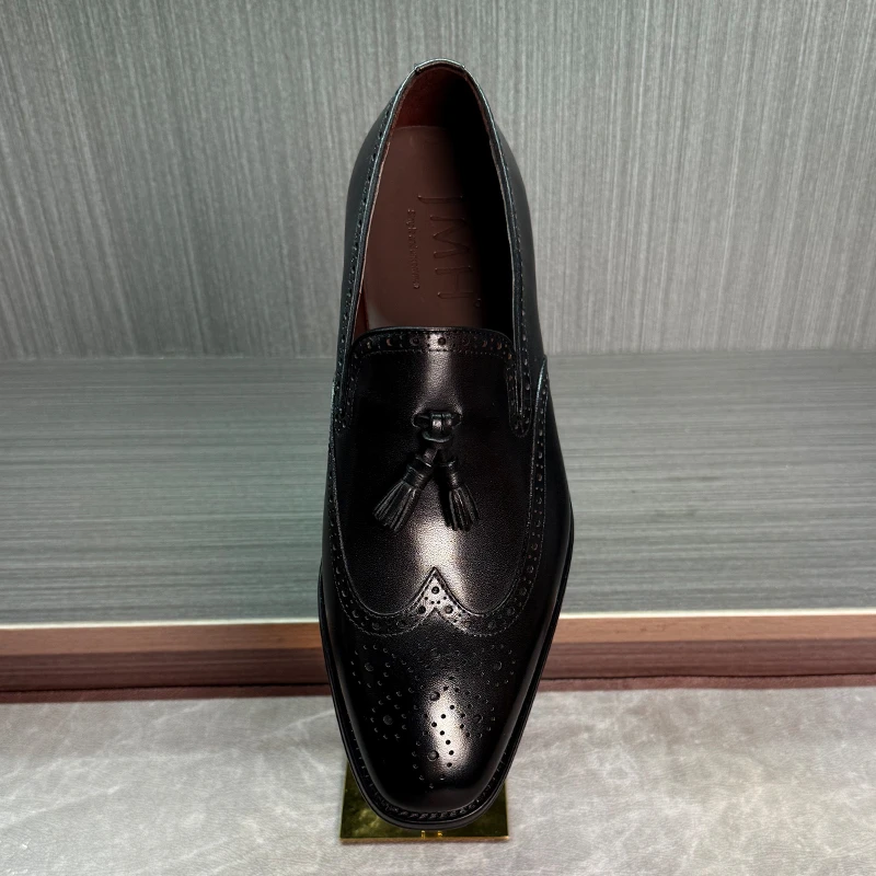 一脚蹬流苏乐福鞋男真皮职场商务休闲皮鞋布洛克雕花英伦风男鞋潮