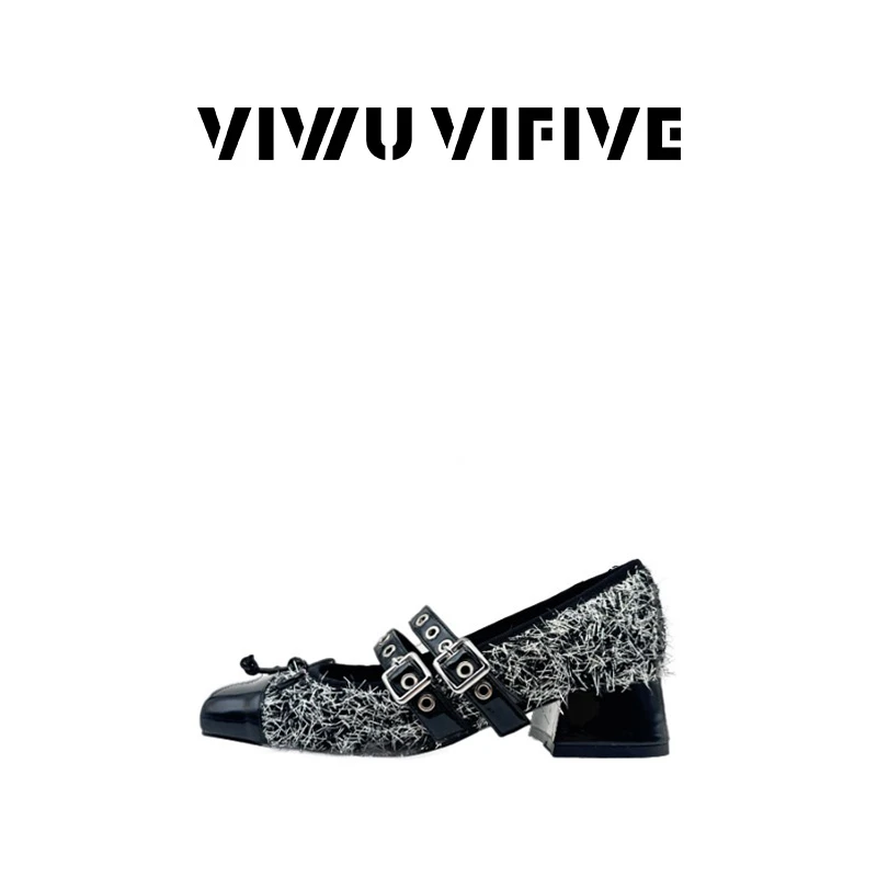 V5 VIWU.VIFIVE「黑耀」 25新款欧若风女鞋玛丽珍双皮扣黑银毛呢