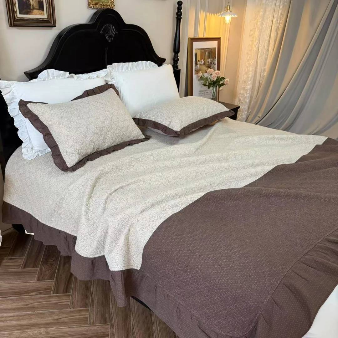 玫瑰物语·韩国全棉双层纱纯色花边床盖三件套