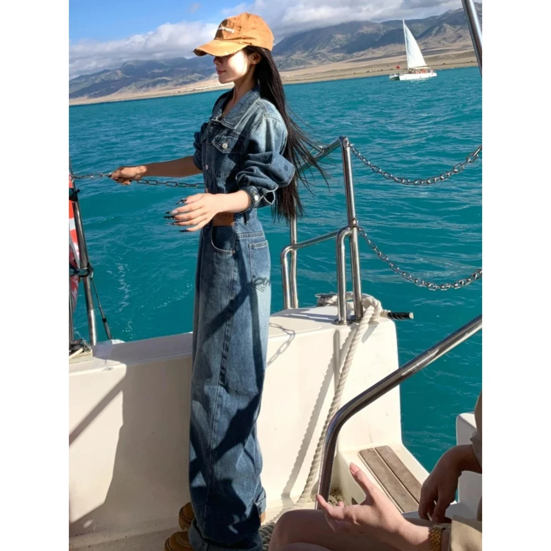 美式时髦水洗复古连体裤女2025秋季新款高腰显瘦长袖牛仔连体长裤