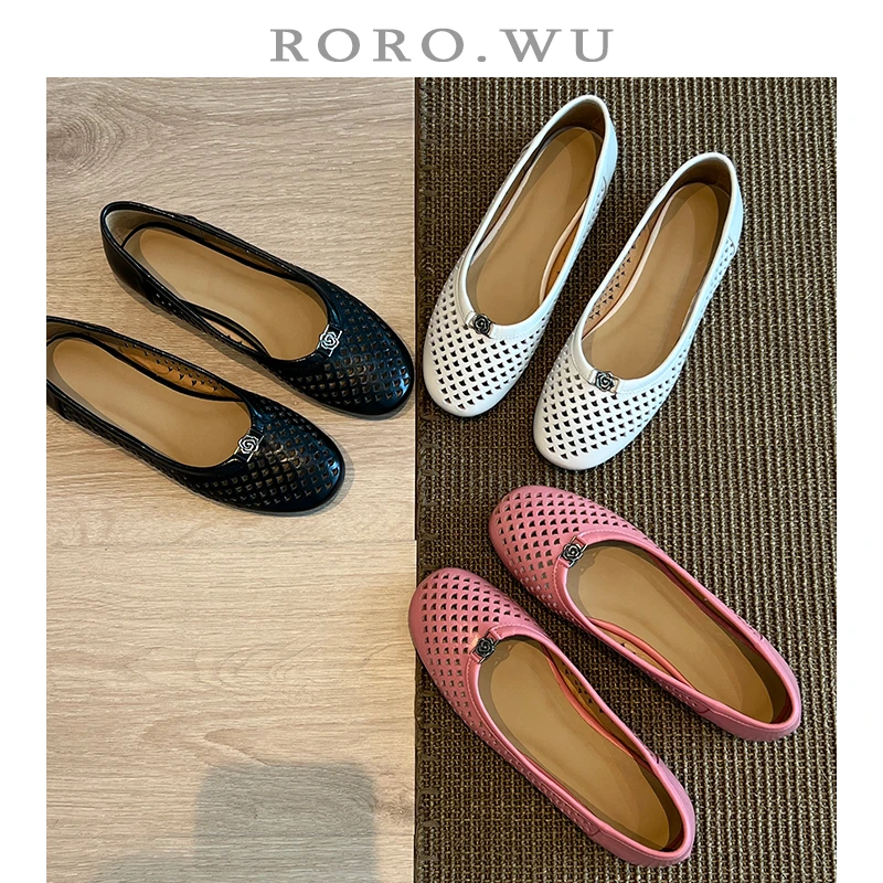 娆娆吴·头层牛皮浅口法式复古花朵日常文艺简约镂空透气单鞋D728