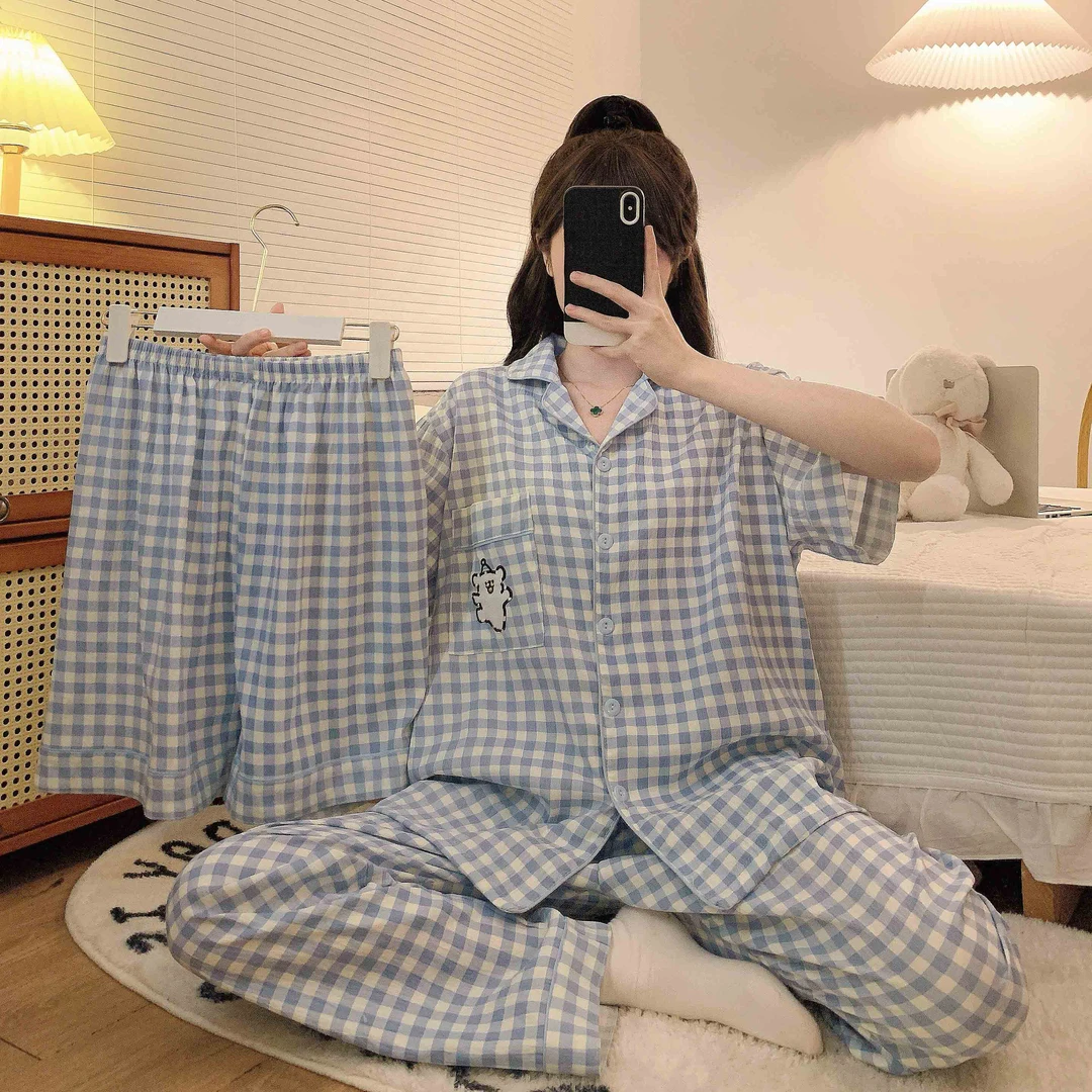 【蓝格小狗】三件套短袖短裤大码250斤睡衣女可外穿家居服套装