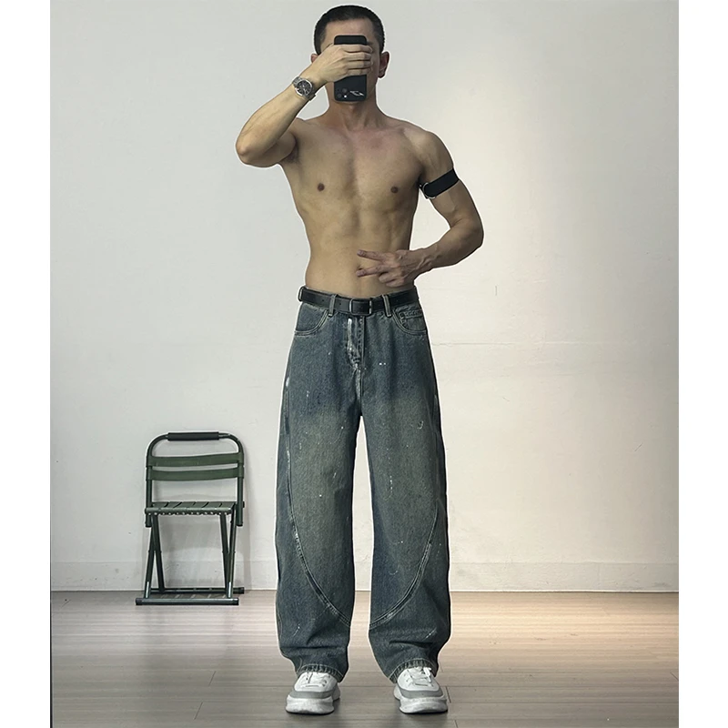 美式高街潮牌几何立体剪裁彩绘涂鸦弯刀牛仔裤男宽松阔腿裤镰刀裤