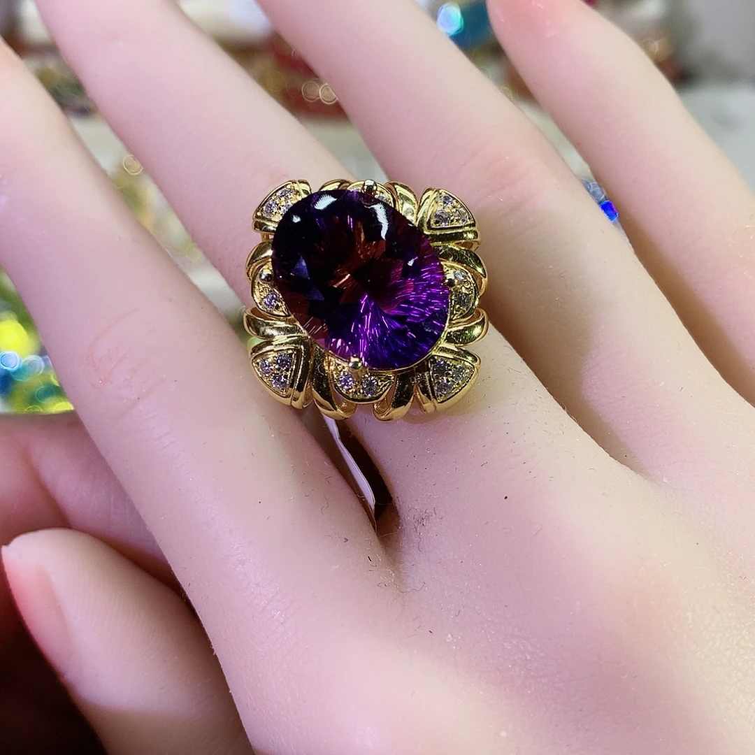 紫晶戒指银S925镀金镶嵌