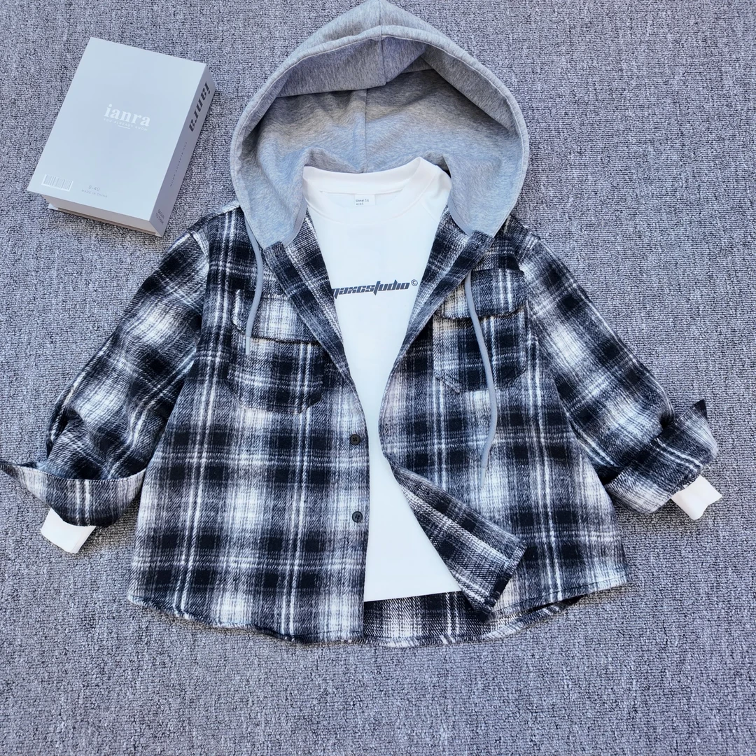 【小哥童装】秋款男童连帽衬衫中大童洋气百搭长袖衬衣韩版25109