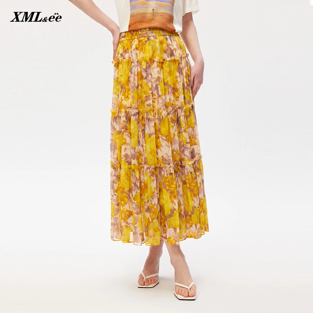 XMLee艾米尔 夏日桑蚕丝气质显瘦碎花半身裙 X426Q4921