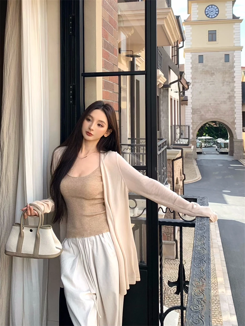 慵懒风显瘦修身慵懒开衫背心长裤三件套套装8247#上衣针织休闲