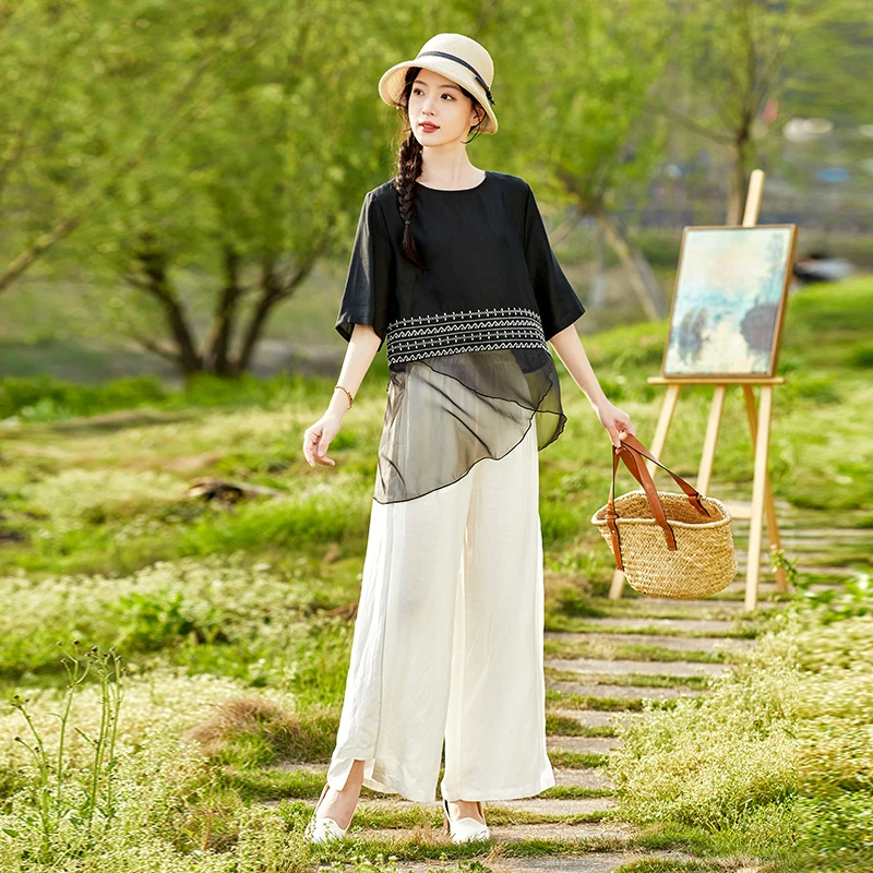 休闲冰丝套装女夏季2025搭配一整套遮肉显瘦时尚高级亚麻两件套裤