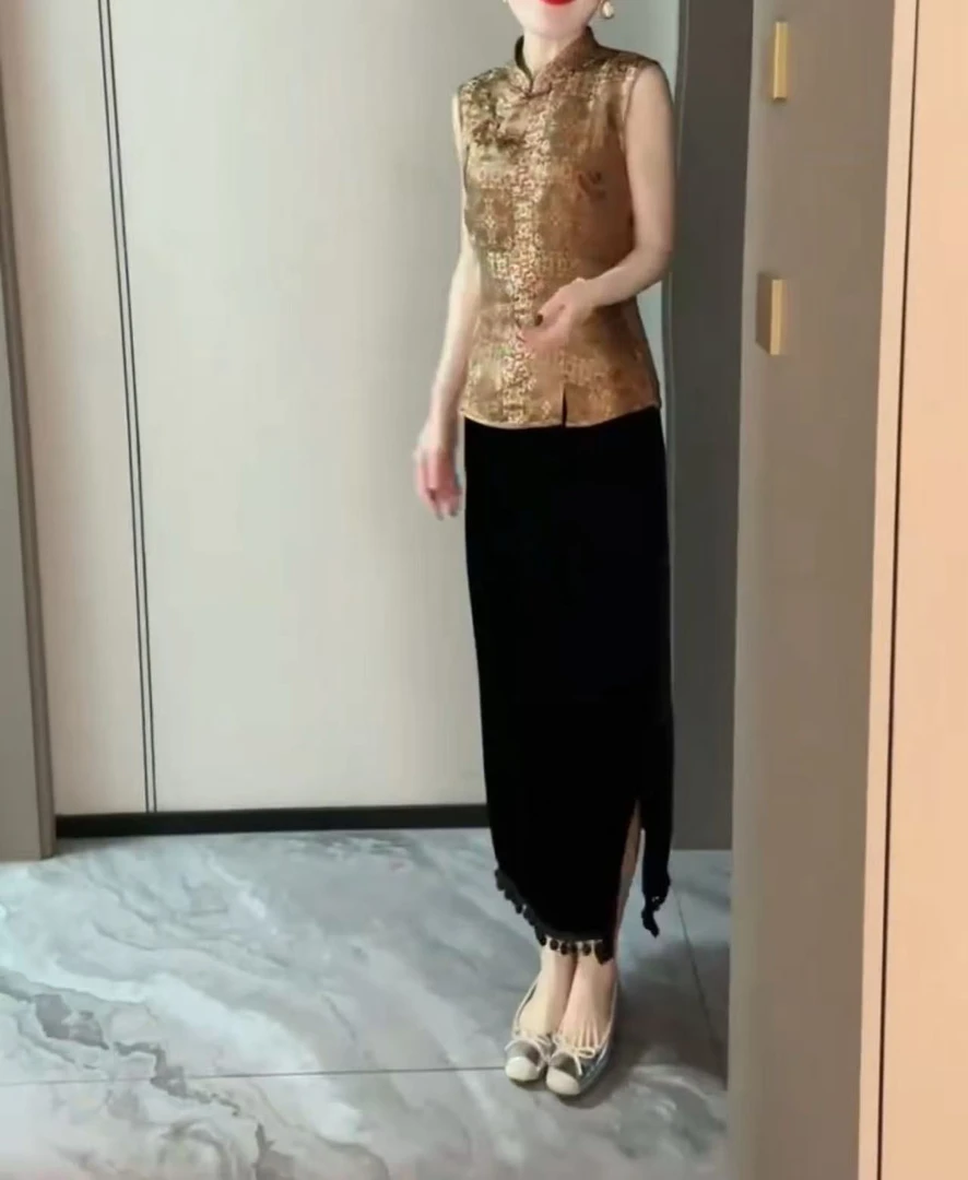 02复古国风无袖上衣垂感半身裙显瘦