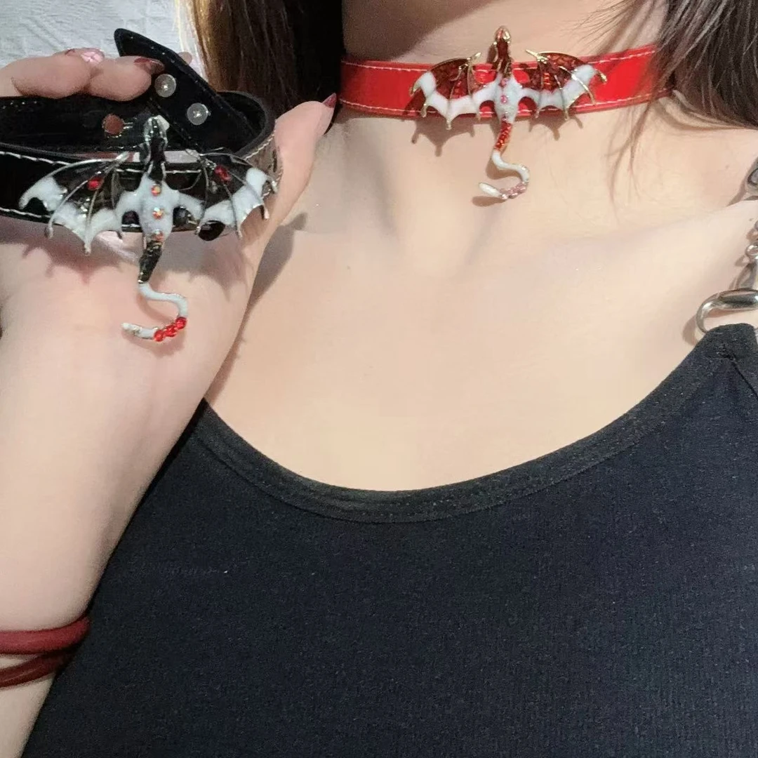 非金属皮质项链 1089千禧辣妹风重工红色皮革飞龙项圈颈环配饰