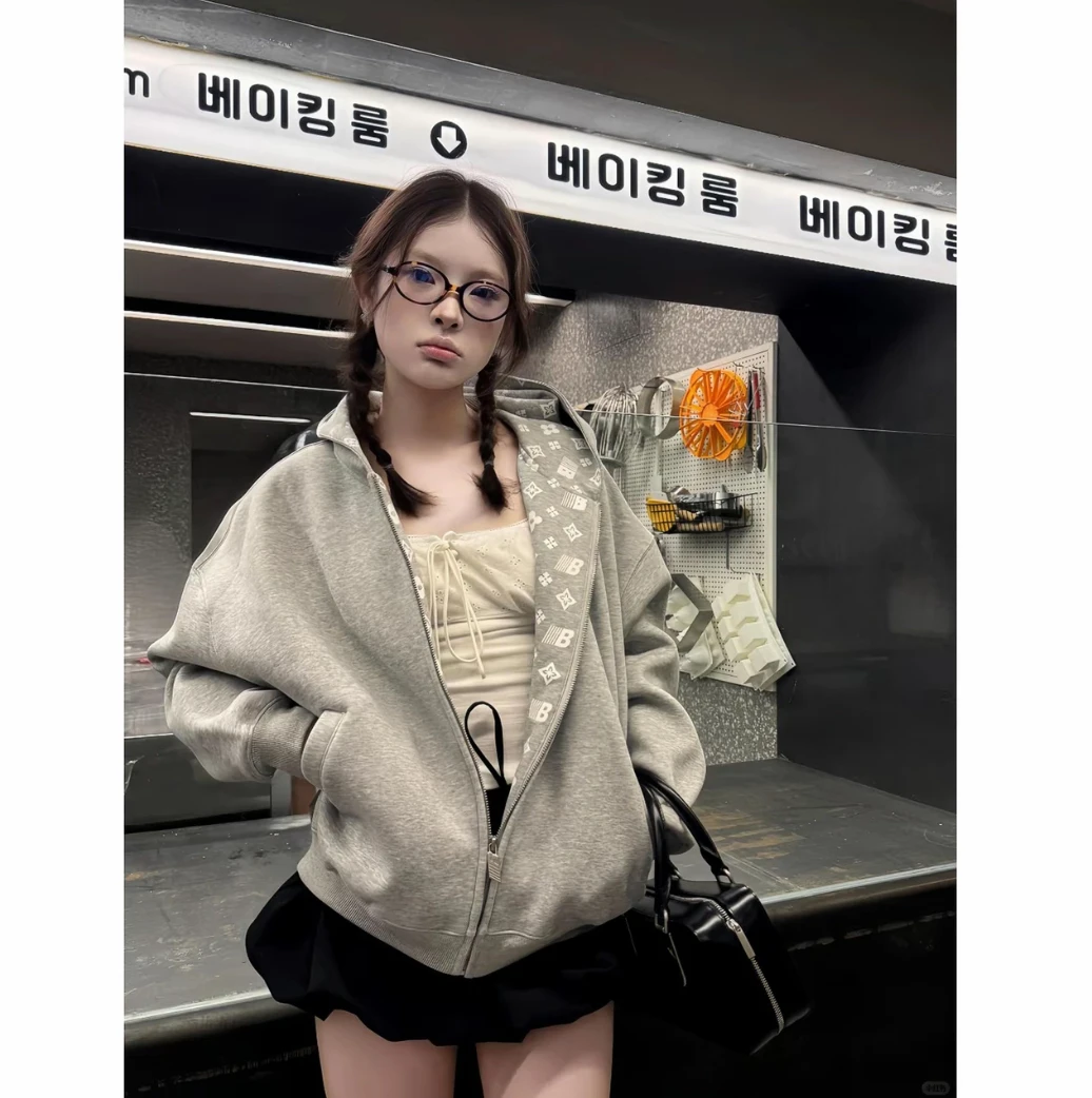慵懒风长袖拉链数字连帽男女短外套上衣开衫休闲百搭