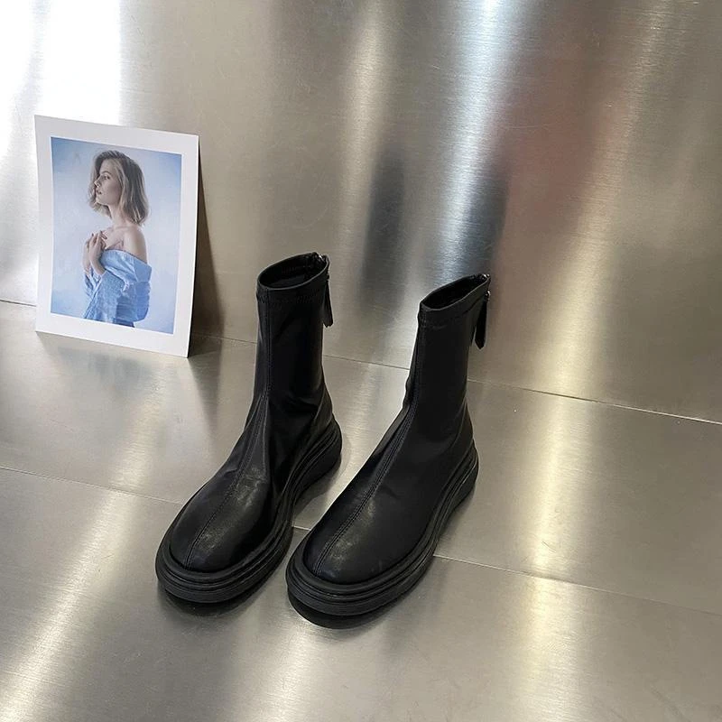 靴子黑色短靴子女厚底奶茶2024年新款瘦瘦鞋子中筒靴短靴法式单靴