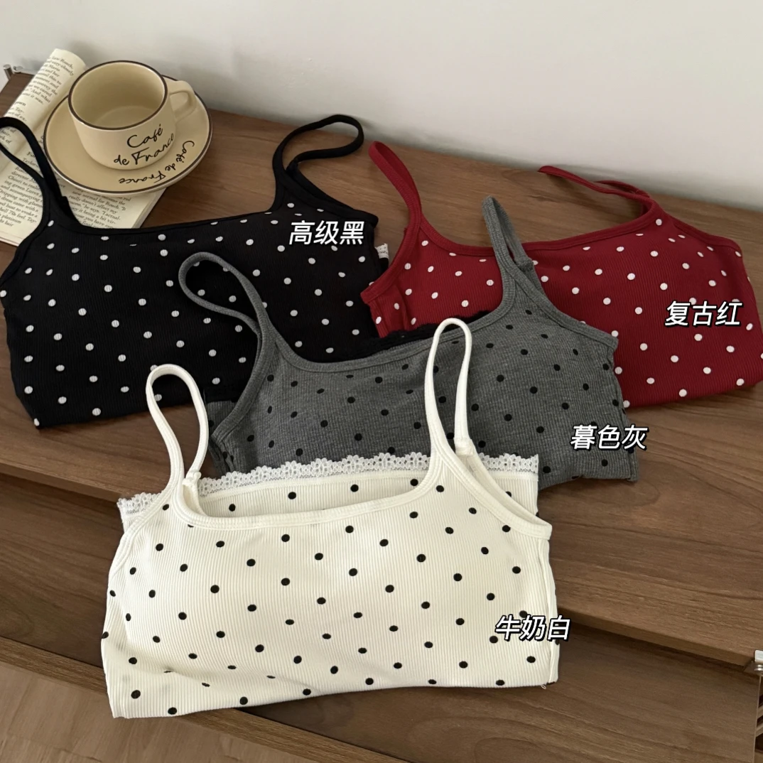 【直播过款链接】纯欲风辣妹波点带胸垫露背吊带背心秋冬打底上衣