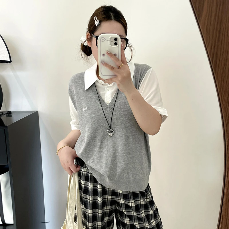 乃粒韩系拼接针织衫假两件短袖T恤打底衫女2025夏季灰色半袖上衣