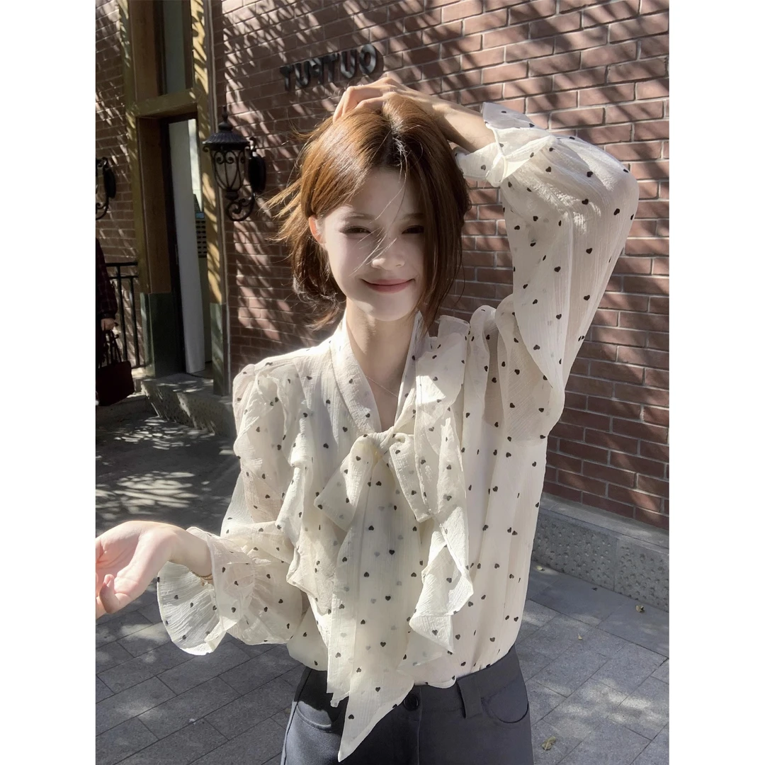 法式高级感荷叶边洋气波点衬衫时尚感绑带宽松长袖上衣春季春秋