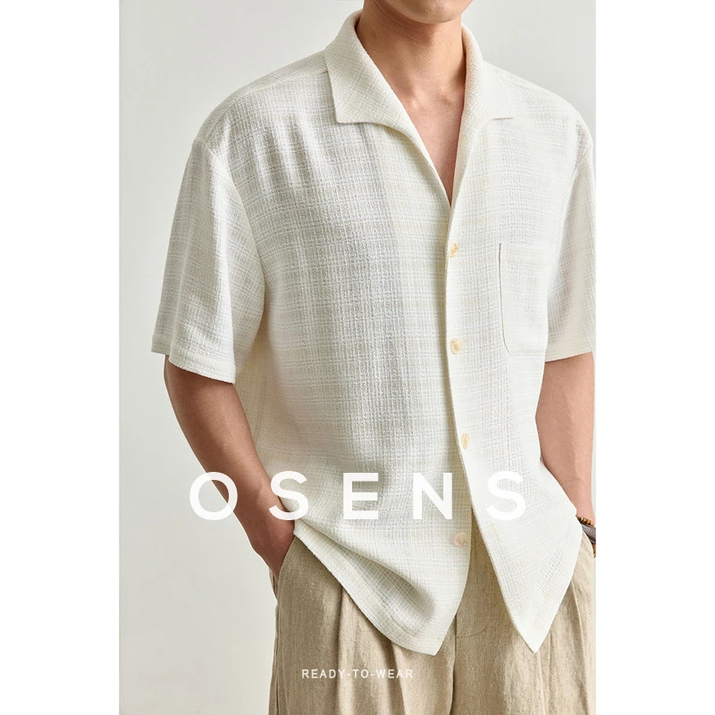 OSENS通透轻盈度假风编织软呢开衫男生衣服高级感翻领衬衫男短袖