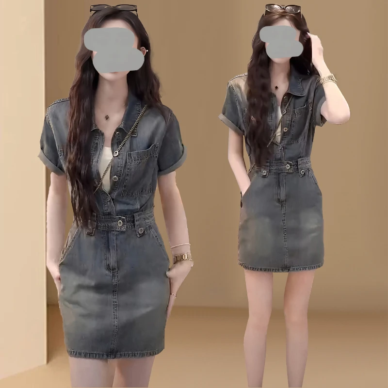 美式牛仔连衣裙女今年新款夏季韩版港风复古小个子显瘦短款连衣裙