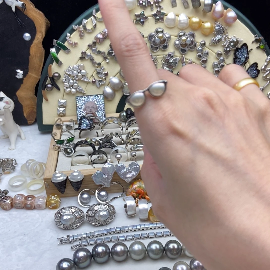 银S925镶嵌淡水珍珠画框墨镜戒指