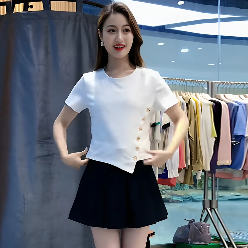 高含棉设计感纽扣拼接短袖t恤女2025年夏季新款洋气减龄显瘦上衣