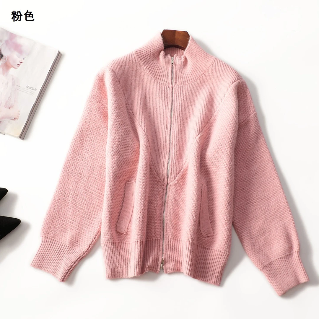 246913秋中长款九分袖拉链短款毛衣粉色秋冬