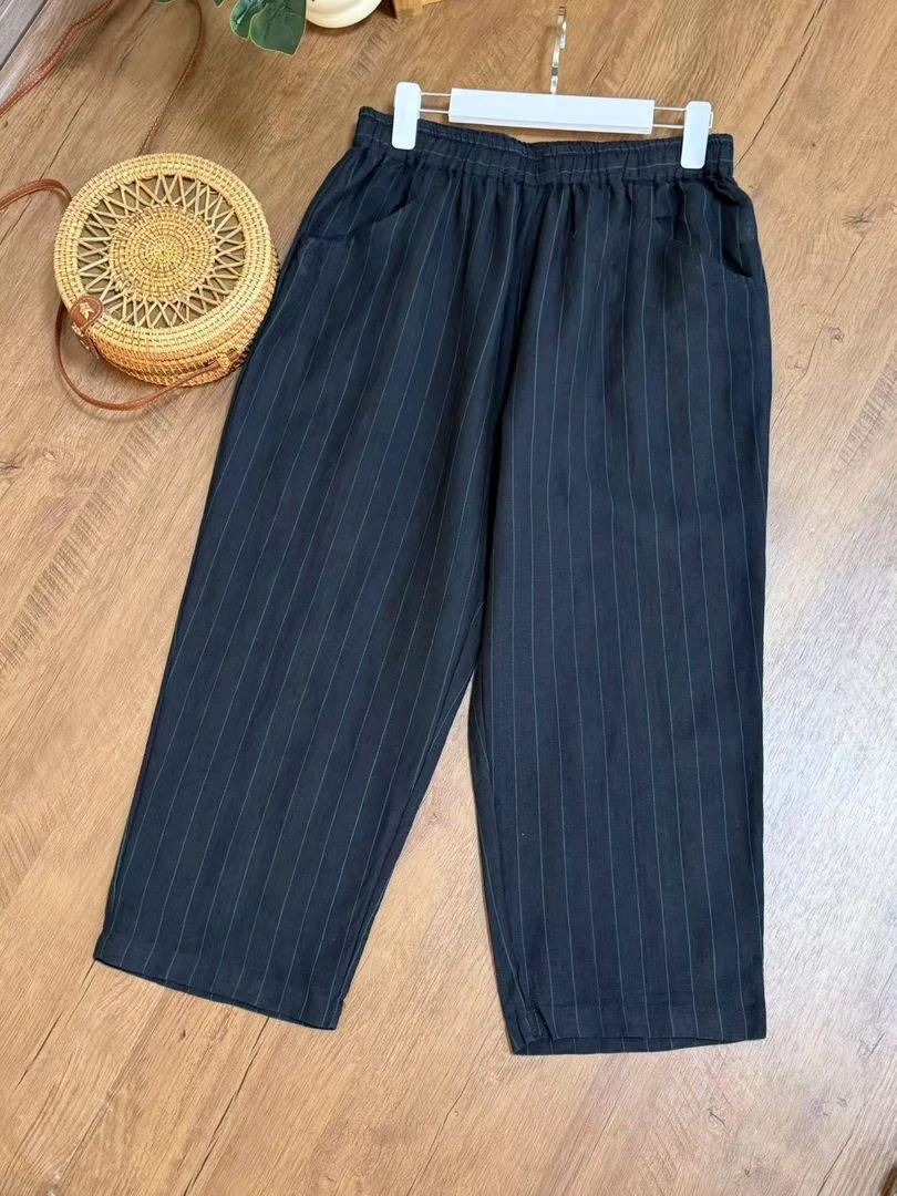 【云目悠悠】春夏汉麻宽松女士条纹百搭直筒裤-2025157