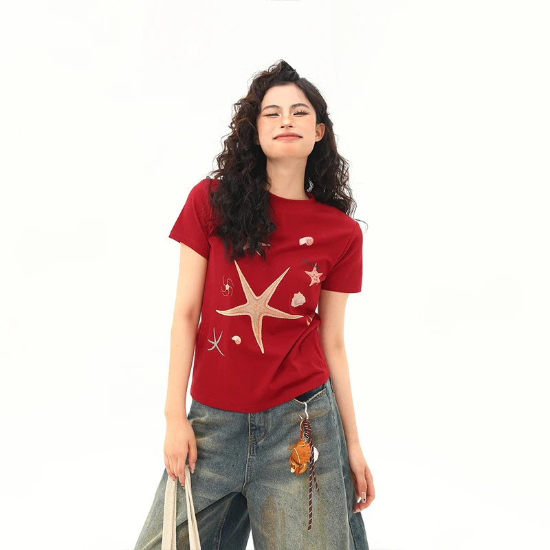 野生阿子海星印花美式复古正肩T恤女夏季短款显瘦潮流短袖上衣