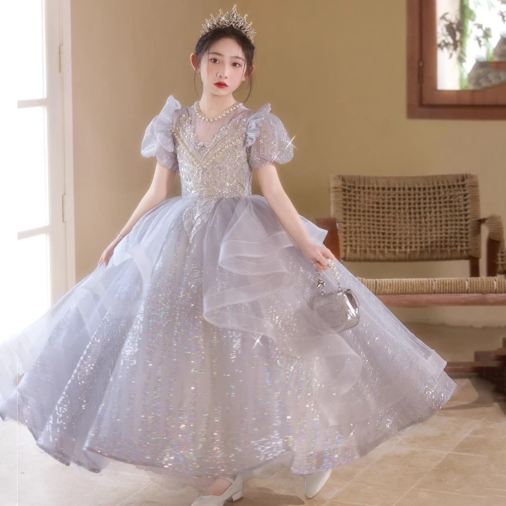 女童生日礼服高端公主裙2025新款儿童主持人钢琴演出大童花童婚纱