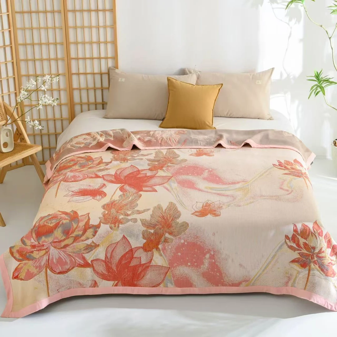 【鱼跃荷香-红】200*230cm加厚轻奢高定亲肤毯