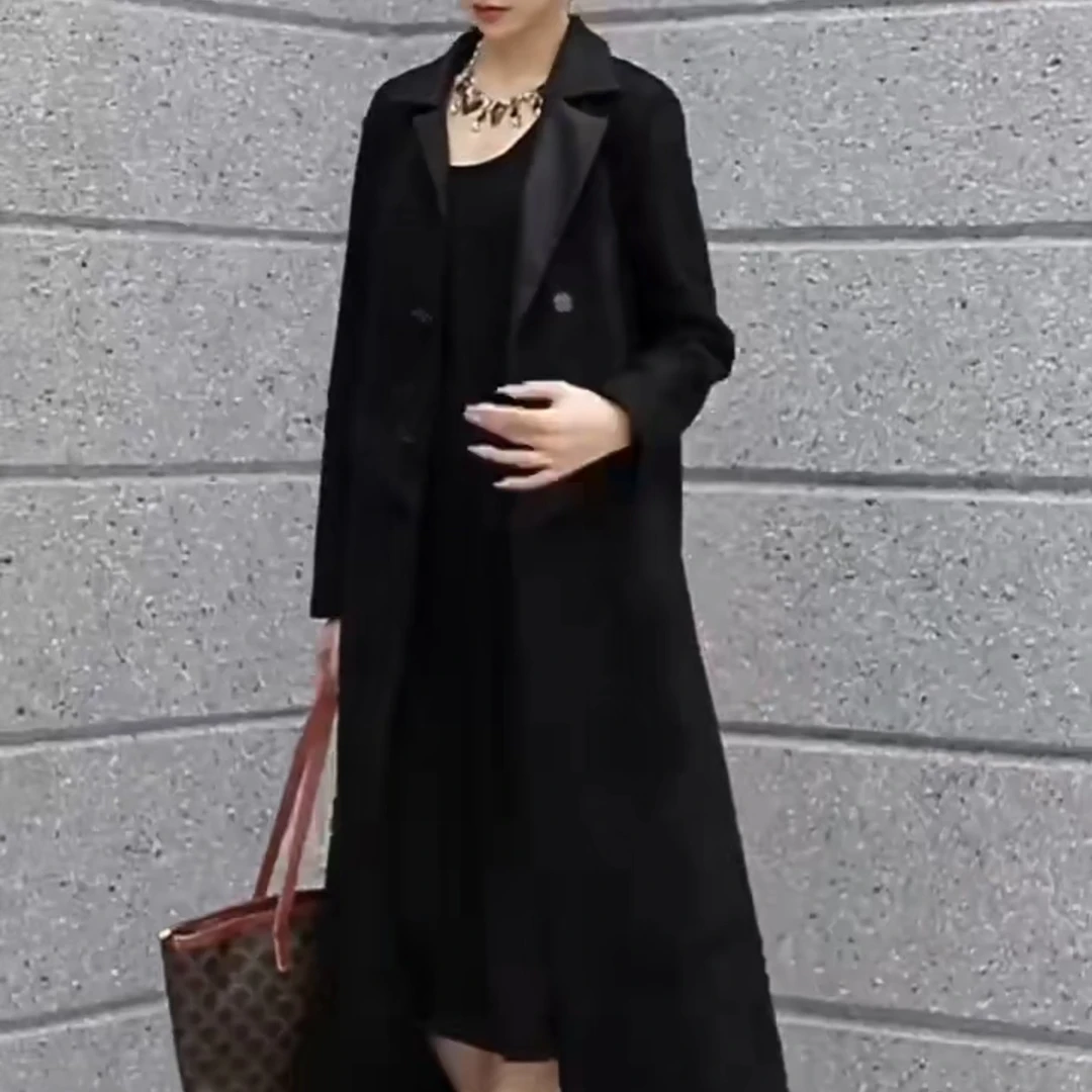 6031加绒气质简约韩版大衣外套黑色翻领