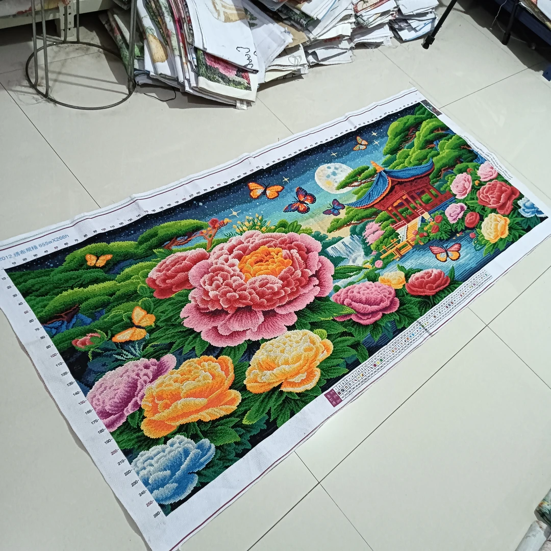 纯手工绣好的十字绣成品花开富贵牡丹蝴蝶流水生财新款装饰画出售
