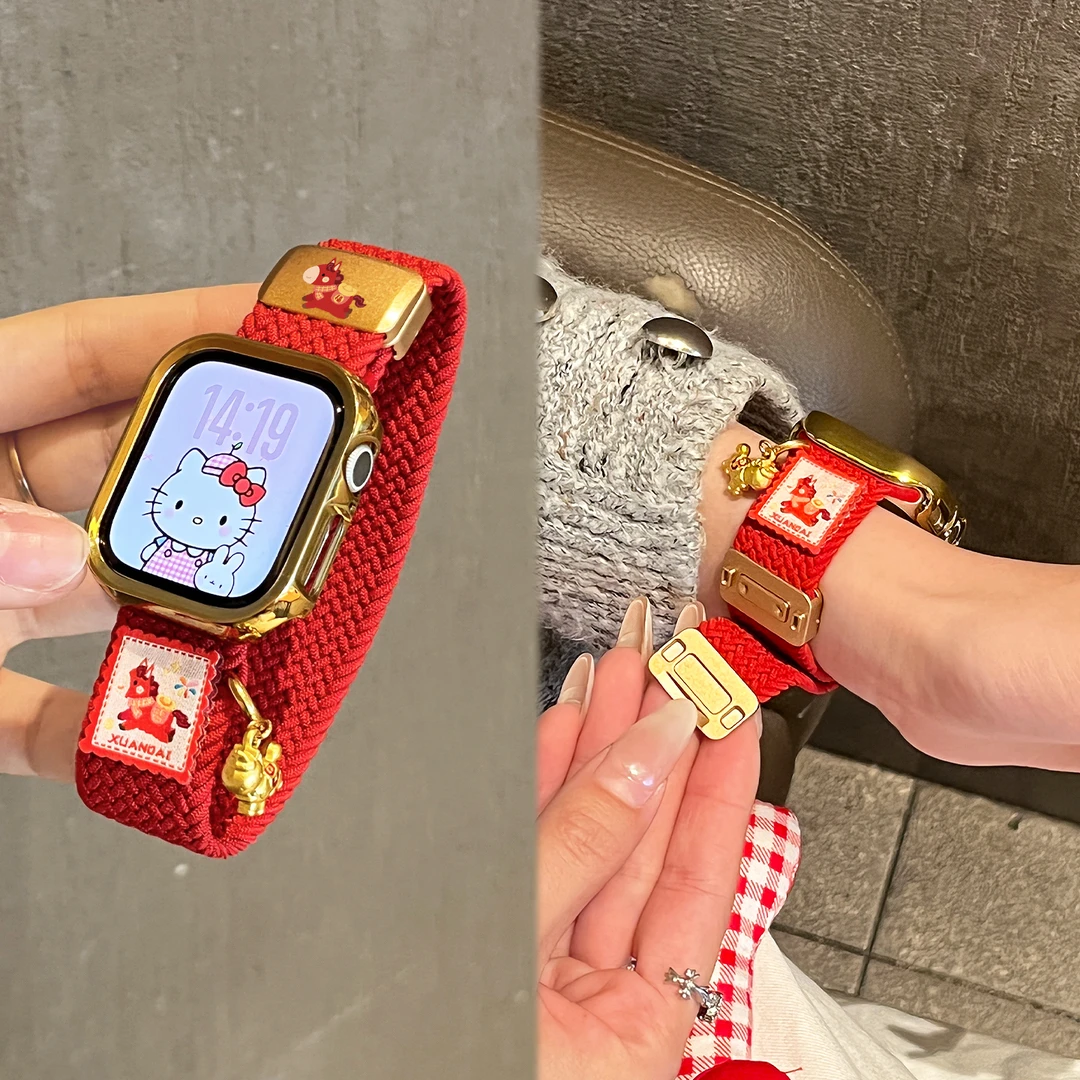 适用苹果手表表带s10新年红s11马年se秋冬s8男女s9尼龙XL磁吸腕带