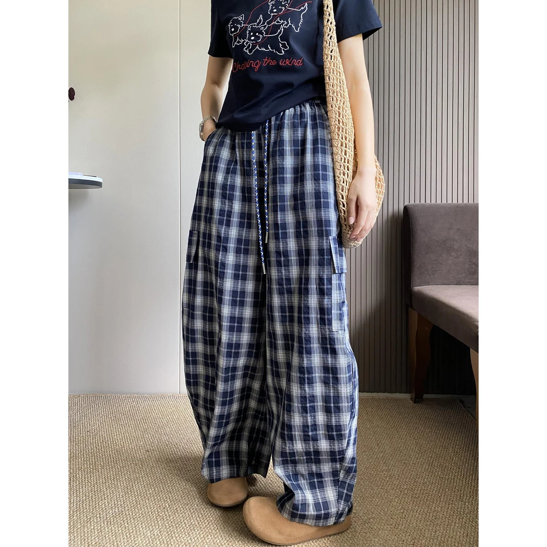 蓝色格子工装裤女复古2025秋季新款高腰宽松显瘦阔腿裤休闲弯刀裤