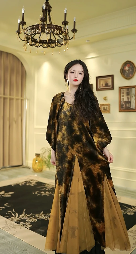 月畔湾【念长安】新中式春季国风拼接长裙显瘦复古重工气质连衣裙