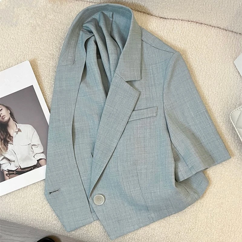 蓝色短袖西装外套女夏季薄款小个子轻奢高级感休闲短款西服