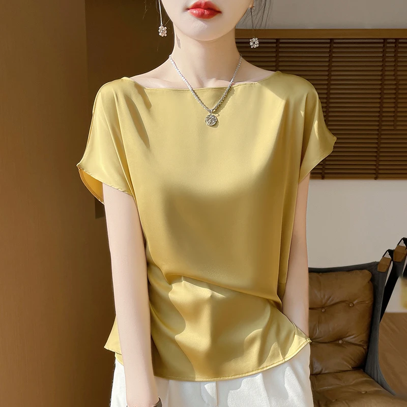 夏季新款缎面圆领套头短袖女设计感绑带纯色百搭气质T恤洋气上衣