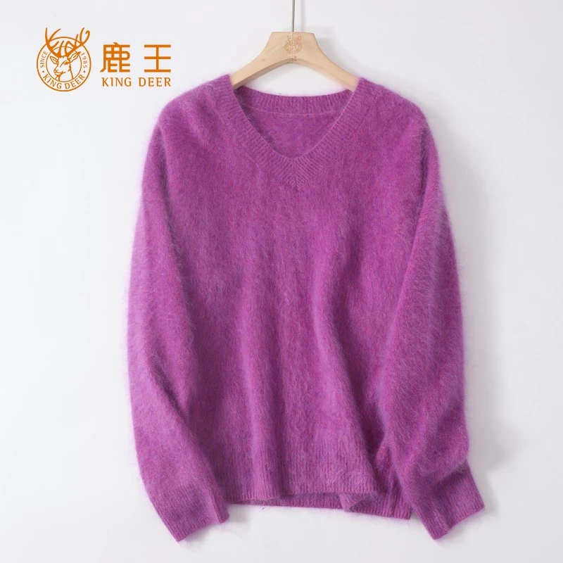 King Deer/鹿王24新款女V领100山羊绒时尚简约拉毛绒套衫 MS9701